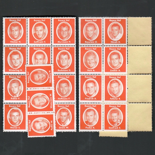 Sammelmarken der Vereine der Oberliga Süd, die Ende der 50er Jahre in Toto/Lotto-Annahmestellen ausgegeben wurden. Sie waren, wie Briefmarken, in Bögen zusammengefasst, aus denen die Spieler einzeln herausgetrennt und auf ein vorgefertigtes Spielfeld geklebt werden konnten. So ergab sich die eigene Mannschaftsaufstellung des Tippers.
