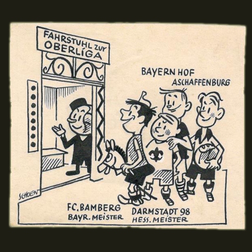 „Fahrstuhl zur Oberliga“: Karikatur zum Kampf um den Aufstieg in die 1. Liga zwischen Aschaffenburg, Bamberg, Darmstadt und Hof